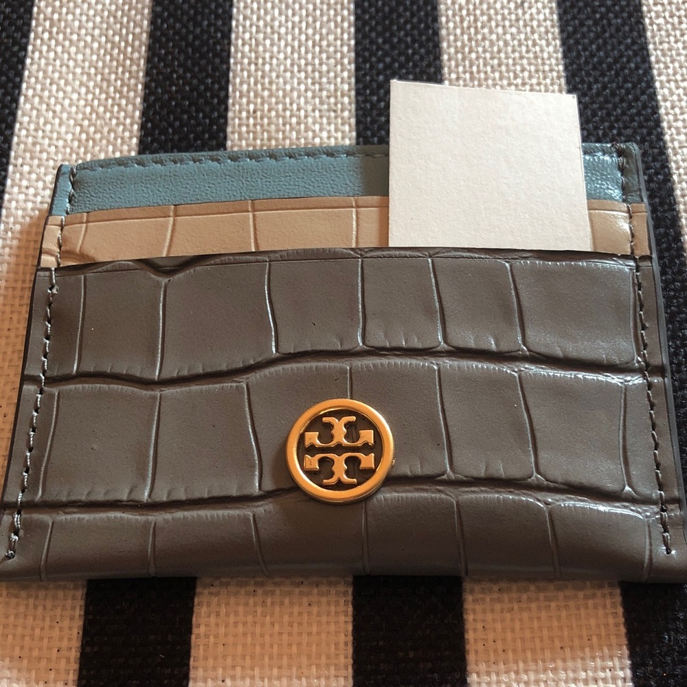 Authentic Tory Burch Gray Croc Embossed Card Holder/Gold Tory Burch Logo New/tag - Picture 1 of 11